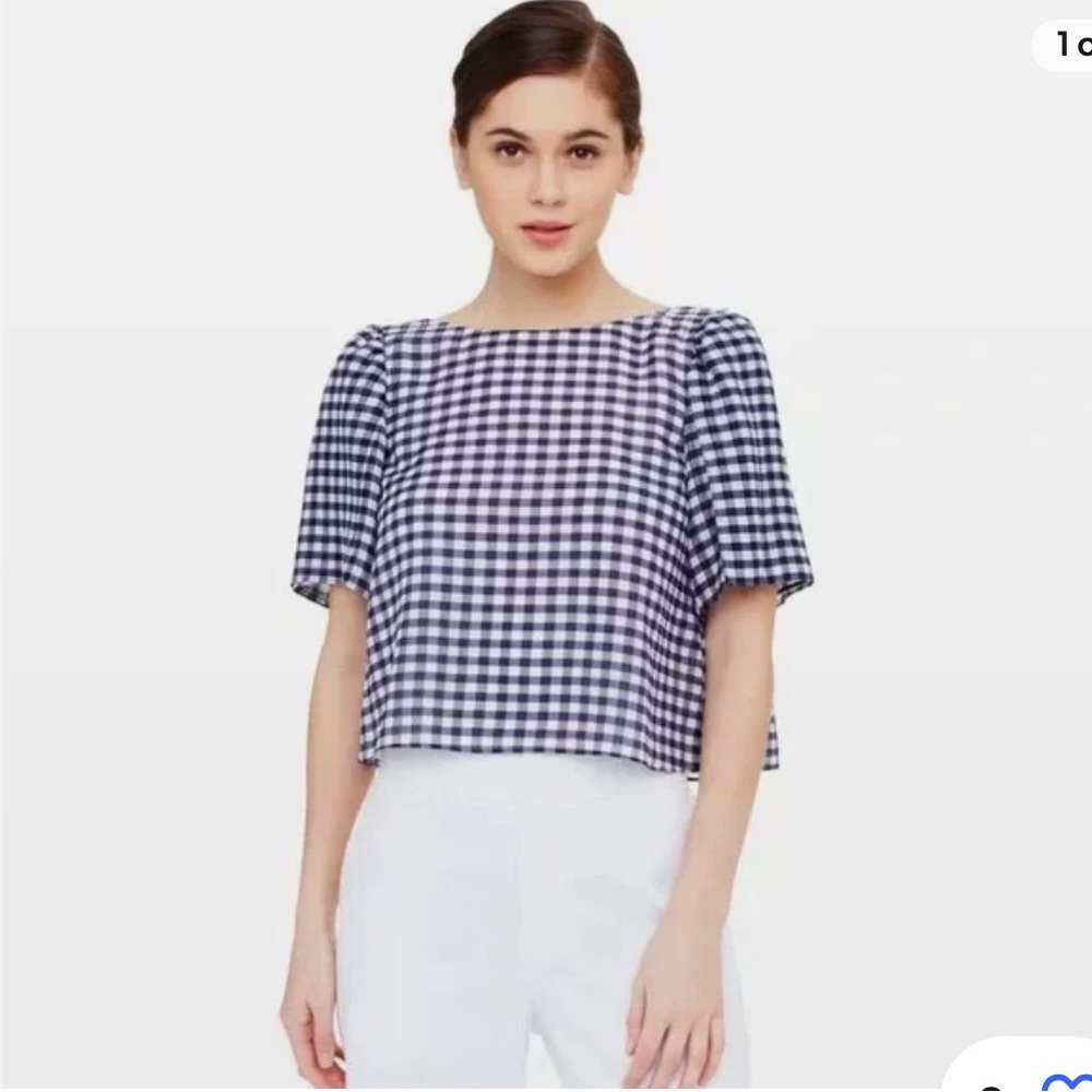 CLUB MONACO XS 100% SILK Gingham Open Tie-Back crop blouse